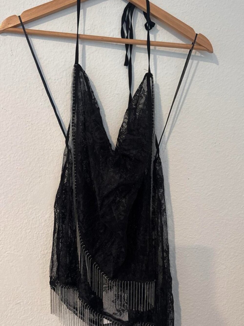 NWT Zara Black lace halter top with fringe detail, size M